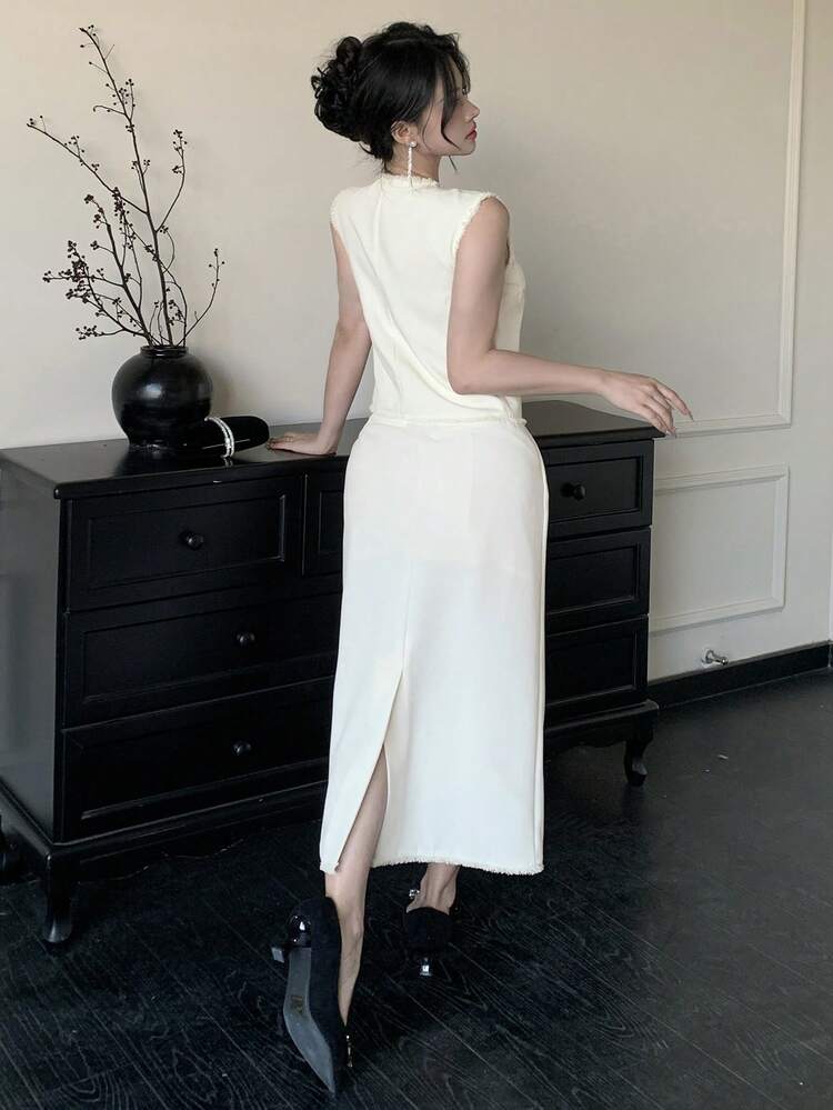 2pcs/Set Women Solid Color Raw Hem Crew Neck Tank Top And Skirt