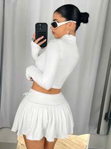 SHEIN ICON 白色女士服装纯色 Y2k 外出开衫上衣和褶腰不对称裙子套装，日常穿着，运动风格 - 白色 - 查看 2