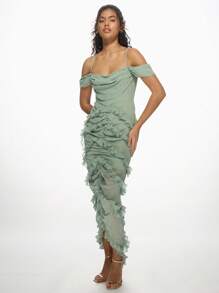 MISSGUIDED Elegante vestido largo con hombros descubiertos, fruncido, con detalles de volantes, vestido de noche para ocasiones especiales, boda, invitado, escote de corazón, vestido de fiesta de Navidad