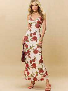 Poéselle 玫瑰连衣裙，夏季女装，婚礼季，礼服，婚纱，女士连衣裙，女士花卉印花无袖休闲长裙，这款薄纱玫瑰花卉细肩带连衣裙将让您成为众人瞩目的焦点。其独特的设计与舒适的穿着相结合，完美展现了女性的魅力和气质。 - 杏色 - 查看 5