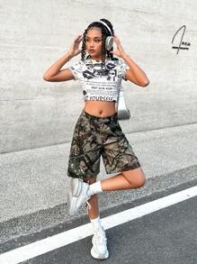 SHEIN Teen Girls' Y2K Grunge Punk Spring/Summer Back To School Basic Knit Camo Floral Print With Pockets Elastic Waist Comfortable Army Green Wide Leg Loose Casual Denim Long Shorts,Girls Summer Boho Vacation Concert Outfits