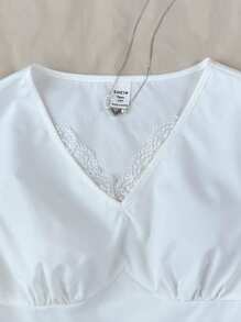 SHEIN Teen Girls' Contrast Lace V-Neck Ruffle Trim Blouse, Sweet For Teenagers - White - View 4