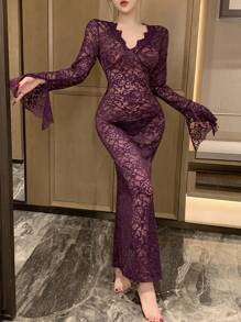 DAZY Lace Sheer Fitted Long Sexy Nightgown Pajama - Purple - View 3