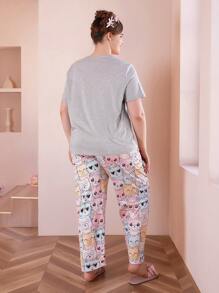Slumberry CURVE Cute Cat Print Round Neck Short Sleeve Loose Fit Pajama Set For Plus Size - Multicolor - View 2