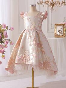 SHEIN Glamorique Kids Váy tay lửng jacquard thanh lịch cho bé gái tuổi mới lớn, phù hợp để mặc hàng ngày, dự tiệc, tụ tập, thể hiện sự duyên dáng và thanh lịch cho bé gái, váy tiệc trà mùa xuân/hè - Màu Đỏ Sâu - Xem 7