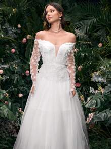 Coutiva Elegant Off Shoulder White Wedding Dress With 3D Floral Decor Wedding Dresses For Bride Bridal Gown Women Wedding Dresses Wedding Women Dresses Wedding Dress Long Sleeve,Reception Dress For Bride White Dress For Women Women Dress Wedding Wedding Dresses Woman Dress - White - View 2