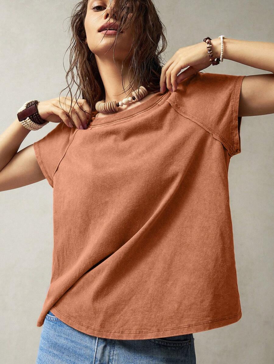 Bohemela Áo thun cổ tròn tay ngắn cho nữ, trang phục thường ngày và đi nghỉ - trái cam - Xem 1