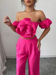 Elenzga 2 件套花卉印花露肩上衣和短裤套装，优雅浪漫女士夏日假期 - 玫紅色 - 查看 5