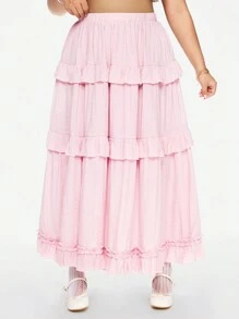 ROMWE Kawaii Vintage Style Solid Color Ruffle Hem Plus Size Long Skirt