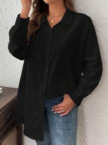 SHEIN LUNE 冬季服装纹理休闲大码纯色夏季长袖衬衫 - 黑色 - 查看 6