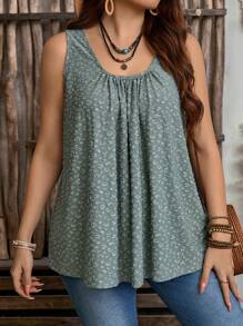 EMERY ROSE Plus Size Women's Countryside Casual Round Neck Sleeveless Pleated Casual Green Loose Fit Tunic Dressy Tank Top, Top Suitable For Vacation, Gifts For Mother, Summer Outfits For Women, Vacation Outfits Woman, Casual Everyday Wear, Vacay Vibes, Springbreak, Casual Wear SS, Bohemia - Green - View 5