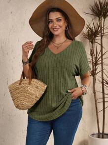 EMERY ROSE Áo thun nữ cỡ lớn cổ chữ V trơn tay cánh dơi, chất liệu gân, kiểu dáng thường ngày, thích hợp mặc mùa hè đi biển. - xanh quân đội - Xem 5