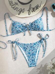 SHEIN Swim 女士春假海滩装，随机印花比基尼套装 - 水鴨藍 - 查看 1