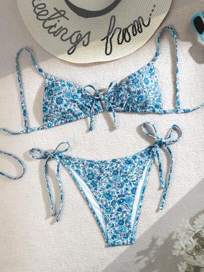 SHEIN Swim 女士春假海滩装，随机印花比基尼套装