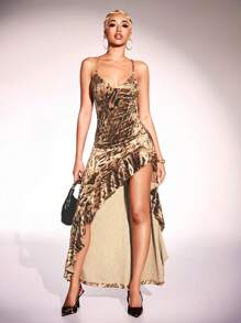 Zolique Sexy Leopard Print Ruffle Trim High Slit Backless Dress, Fashion New Years Club Holiday Party Outfits Women Maxi Women Outfit - Brown - View 8