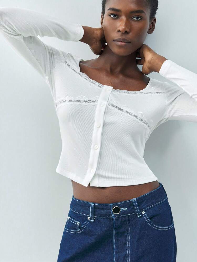 SHEIN Maija Neue schwarze urbane moderne Spitzenstickerei gestrickte Taille sexy tägliche Lässig Damenshirts für Frühling und Sommer, geeignet für Dates, Urlaub, Partys, Valentinstag Dates im Retro-Stil der 90er Jahre, Bohemian Musik Festival Kleidung