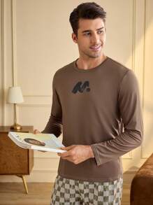 Manfinity Underwear&Sleepwear Basics Men's Letter Printed Top And Pants Sleepwear Set - Mocha Brown - View 5