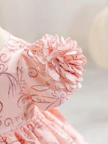 SHEIN Glamorique Kids Vestito formale/da festa per bambini, di colore unito, con vita arricciata e gonna a balze, maniche a sbuffo, elegante per occasioni, adatto per tutte le stagioni - Rosa - Visualizzare 3