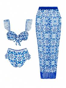 SHEIN Swim Oasis 3 件套女士针织泳衣，带荷叶边细肩带露背上衣、随机印花高腰下装和随机印花沙滩裙，春假 - 藍白色 - 查看 4