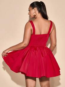 SHEIN BAE Plus Size Women's Spring/Summer Solid Red Sexy Elegant Square Collar Lace Splice Bodycon Bubble Hem Mini Dress, Suitable For Ball Gowns And Everyday Wear - Red - View 7