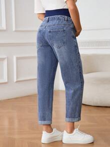 SHEIN Adjustable Waist Insert Pocket Straight Leg Casual Maternity Jeans - Light Wash - View 2