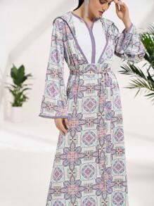 Al Najma Women's Modest Maxi Arabian Dress: Woven Fabric, Multicolor Geometric Print, Long Bell Sleeves, And Deep V Neck With Belted Waist - Multicolor - View 5