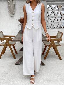 EMERY ROSE Conjunto de chaleco y pantalones de un solo boton en color solido para mujer