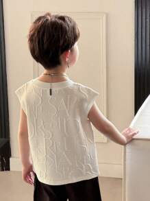 SHEIN 1pc Young Boys Comfortable Daily Versatile Japanese And Korean Style Simple Casual Texture Fabric Round Neck Sleeveless Knitted Top T-Shirt, Suitable For Spring And Summer Seasons, Daily Life, Sports, Campus, Gatherings, Festivals, Performances, Photography, Back To School Season - White - View 2