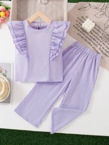 SHEIN Conjunto de 2 piezas de blusa de manga corta con cuello redondo y diseño de gota de agua talla grande pantalones holgados, estilo coreano nuevo de verano para niñas, atuendo casual para niña joven - Morado - Ver 1