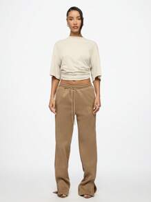 SUMWON WOMEN 奢华侧开衩喇叭裤运动休闲裤，腰部抽绳，舒适弹力裤，适合瑜伽健身运动休闲装 - 棕色 - 查看 7