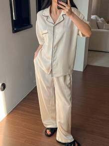 DAZY Simple Striped Jacquard Satin Contrast Color Decoration Short Sleeve Women Pajama Set - White - View 4