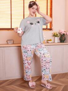 Slumberry CURVE Cute Cat Print Round Neck Short Sleeve Loose Fit Pajama Set For Plus Size - Multicolor - View 6