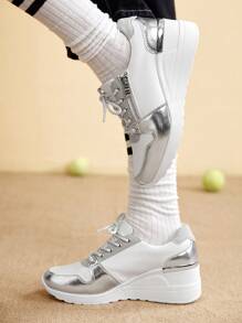 CUCCOO EASI Women's Fashion Lightweight Athletic Shoes, Hidden Wedge Heel, Versatile & Anti-Slip, Casual Sneakers Spring Shoes Spring Break Easter - Silver - View 5