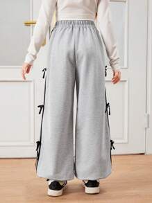 Tween Girls Grey Casual Sweatpants With Bow Ribbon Side Trim - Grey - View 2