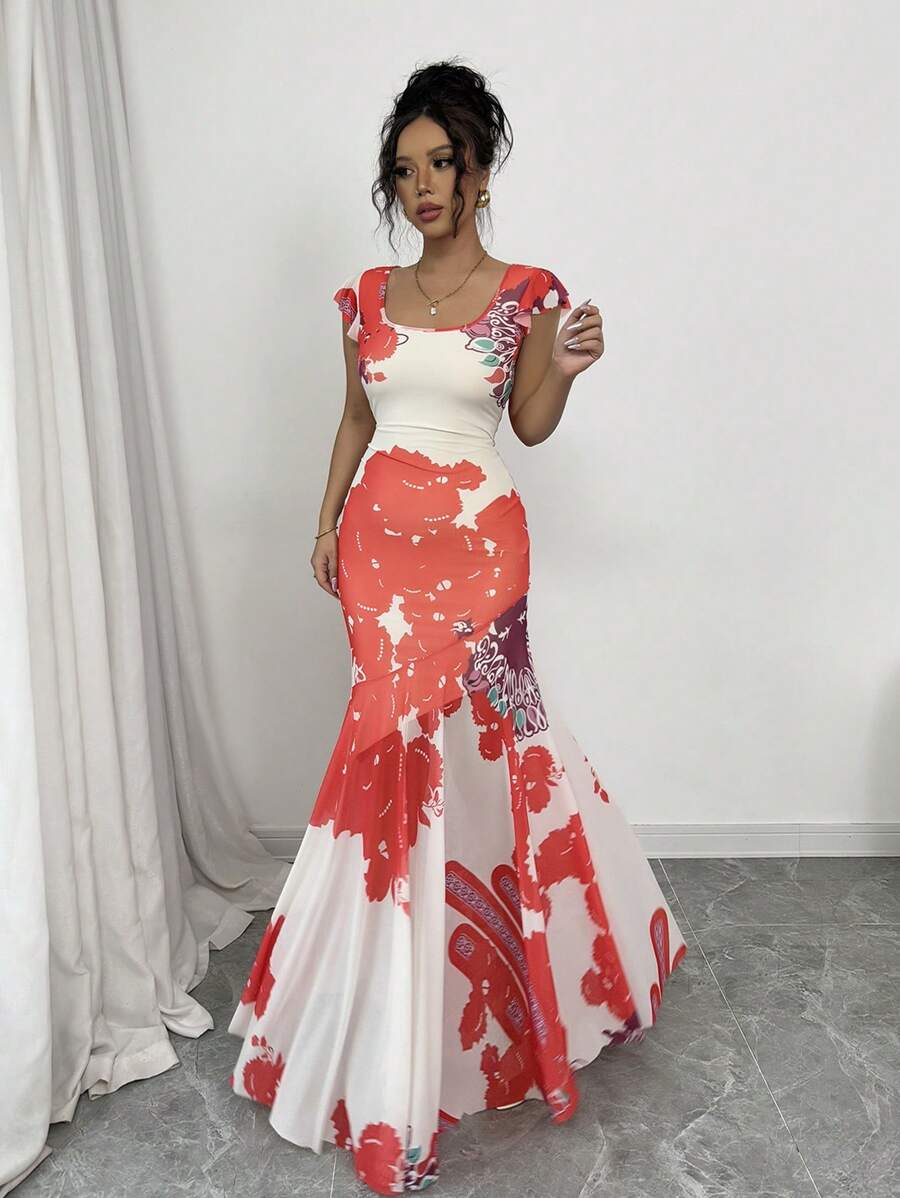 Elenzga 佩斯利花朵 U 领盖袖网眼针织修身优雅法式度假连衣裙 - 彩色 - 查看 1