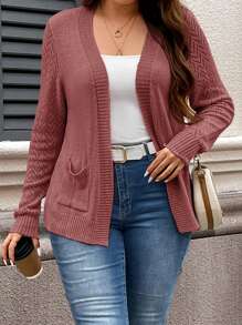 SHEIN LUNE Plus Size Solid Color Long Sleeve Pockets Simplistic Cardigan, Casual For Daily Wear Festival Summer Spring For Women In Fall, Winter - Dusty Pink - View 6