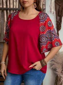 EMERY ROSE Plus Size Solid Color Block Round Neck Short Sleeve Casual Blouse, Boho For Women, Summer, Western Wear Women, Vacation Woman, Spring - Red - View 6