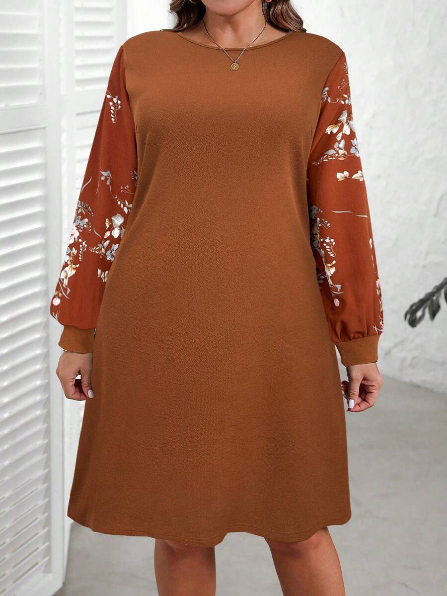 EMERY ROSE 大码女式纯色拼布圆领长袖迷你休闲连衣裙，秋装 - 鏽棕色 - 查看 1