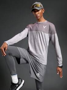 Acti Log 男士字母印花圆领长袖运动 T 恤 - 灰色 - 查看 1