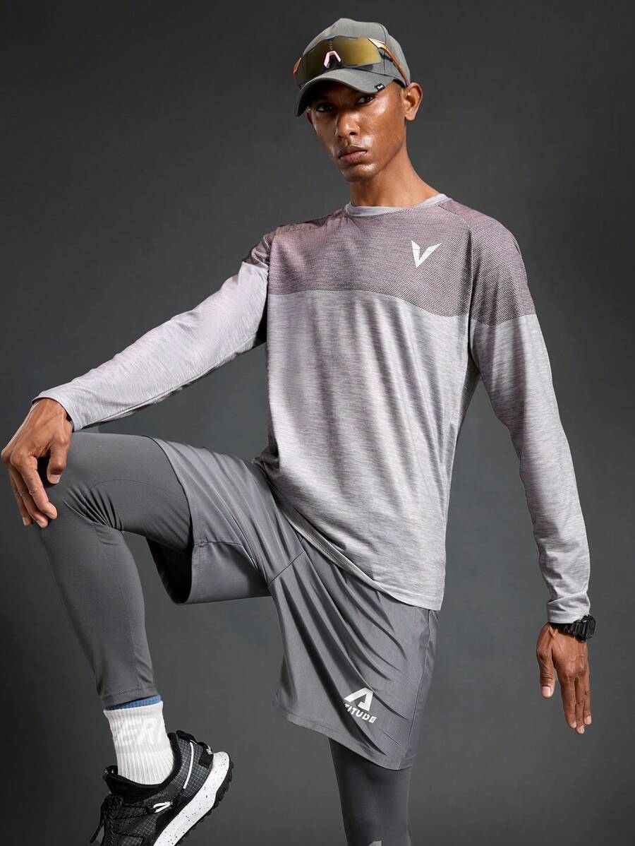 Acti Log 男士字母印花圆领长袖运动 T 恤 - 灰色 - 查看 1