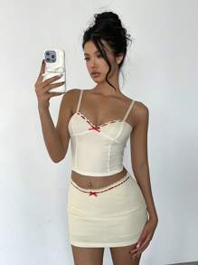 Aloruh Women's Bow Decoration Slim Camisole,Red And White Summer Cute Date Night Cropped Tops,Y2k Elegant Off The Shoulder Valentine's Day - Yellow - View 4
