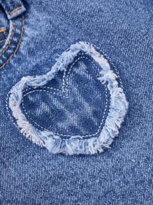 Tween Girl All-Match Heart Embroidery Washed Denim Shorts, Comfortable Casual Versatile New Style Essential For Spring & Summer 2025, Suitable For Daily Wear, School, Campus, College - Medium Wash - View 5