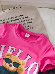 Set de 2 piezas con Camiseta de cuello redondo cómoda con estampa de letra Hello del pequeño oso y Pantalones cargo con estampado de camuflaje de moda para niña joven en verano - Multicolor - Ver 6