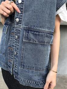 FRIFUL Women's Denim Blue Loose Sleeveless Jacket Casual Outerwear
