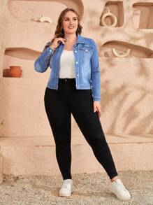 EMERY ROSE Plus Size Women Single-Breasted Casual Denim Jacket, Long Sleeve Elegant Jacket - Medium Wash - View 3