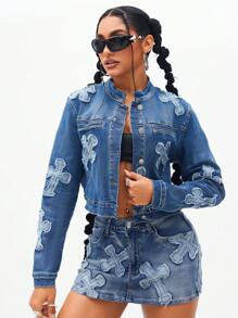 SHEIN ICON 女式十字绣贴片拉链洗水牛仔夹克 - 中等水洗藍 - 查看 1