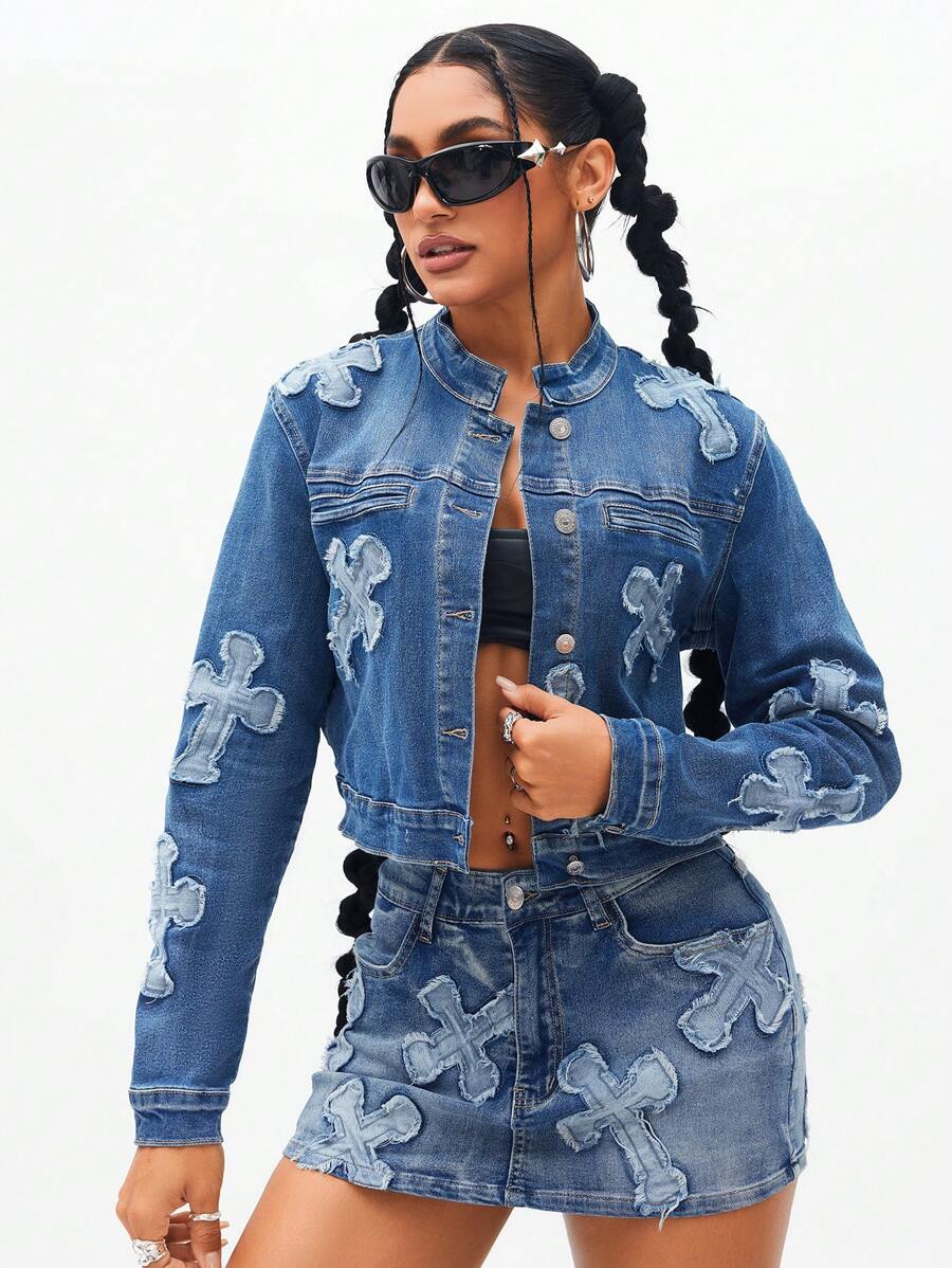 SHEIN ICON 女式十字绣贴片拉链洗水牛仔夹克 - 中等水洗藍 - 查看 1