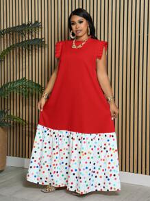 Slaydiva Plus Size Loose Solid White Spliced Colorful Polka Dot Sleeveless Ruffle Trim Spliced Stand Collar Long Dress For Women, Spring/Summer - Red - View 4