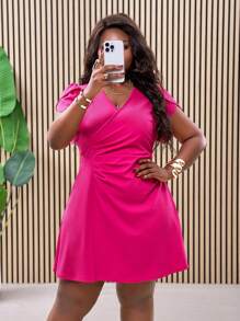 Slaydiva Plus Size Fuschia V-Neck Tulip Sleeve Ruched Waist A-Line Flared Summer Casual Dress - Hot Pink - View 4
