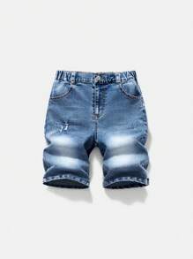 Tween Boy Fashionable Casual Washed Soft, Elastic Denim Shorts, Suitable For Street Style And Holiday, Lightweight, Summer - Medium Wash - View 1
